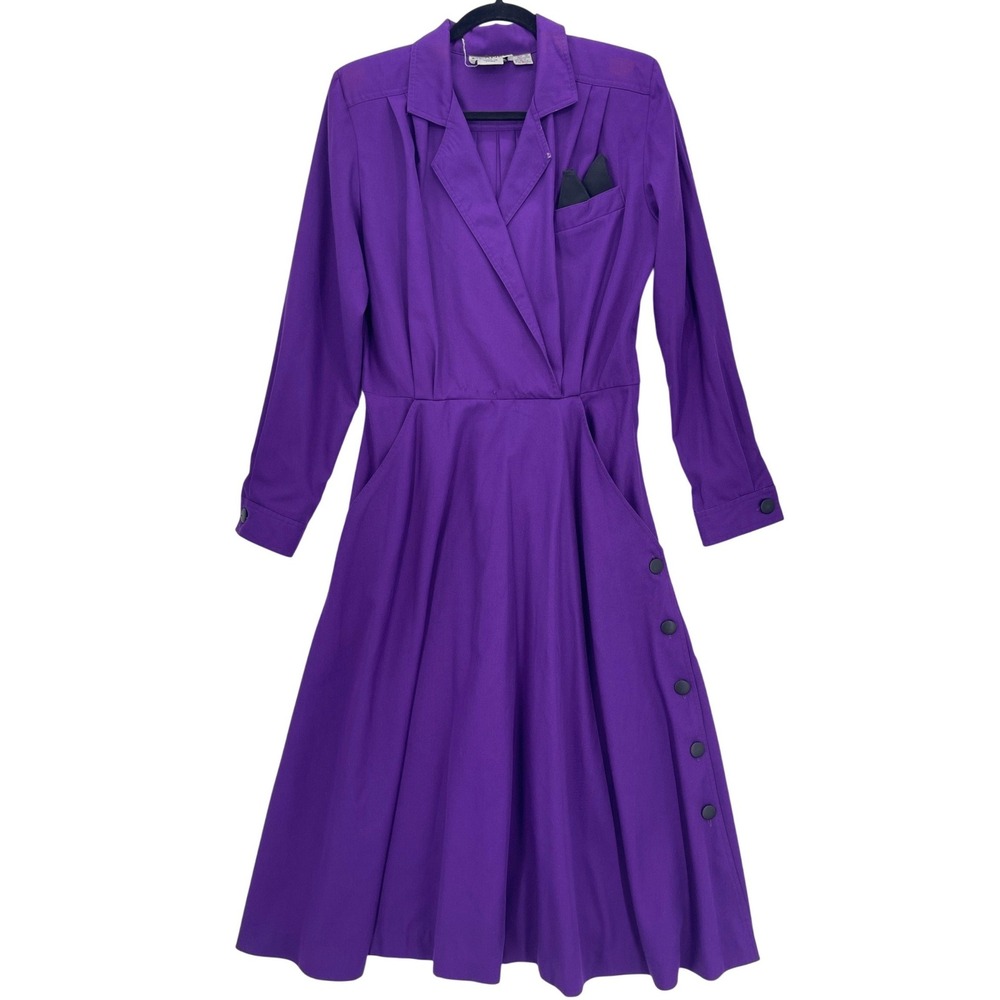 Vintage 70s Melissa Lane Purple Long Sleeve Pleated Midi Dress 12 Side Button